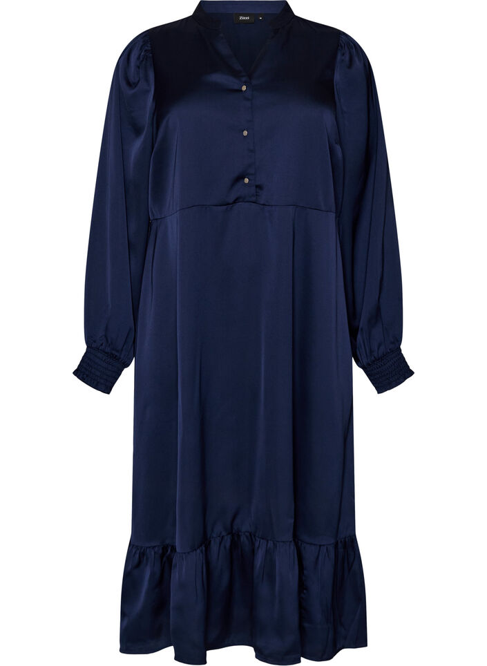 Satijnen jurk met lange mouwen en V-hals, Blauw, Packshot image number 0