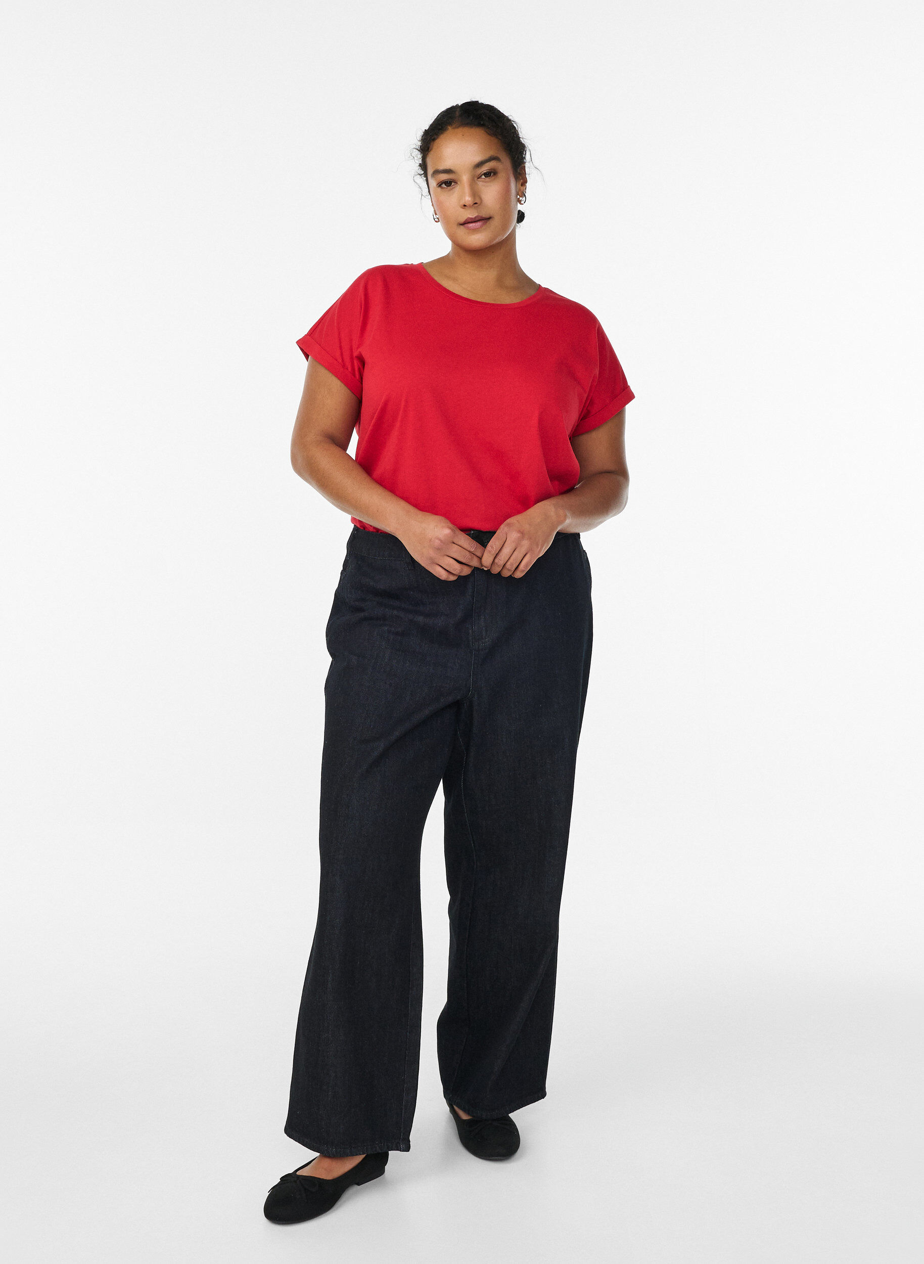 Zizzi T-shirt met korte mouwen van katoenmix, Rood, Model image number 1