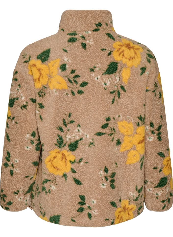 Floral fleecejack met een hoogsluitende kraag en ritssluiting, Beige, Packshot image number 1