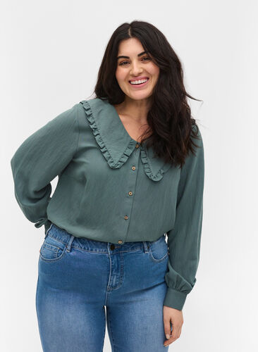 Viscose blouse met brede kraag, Balsam Green, Model image number 0
