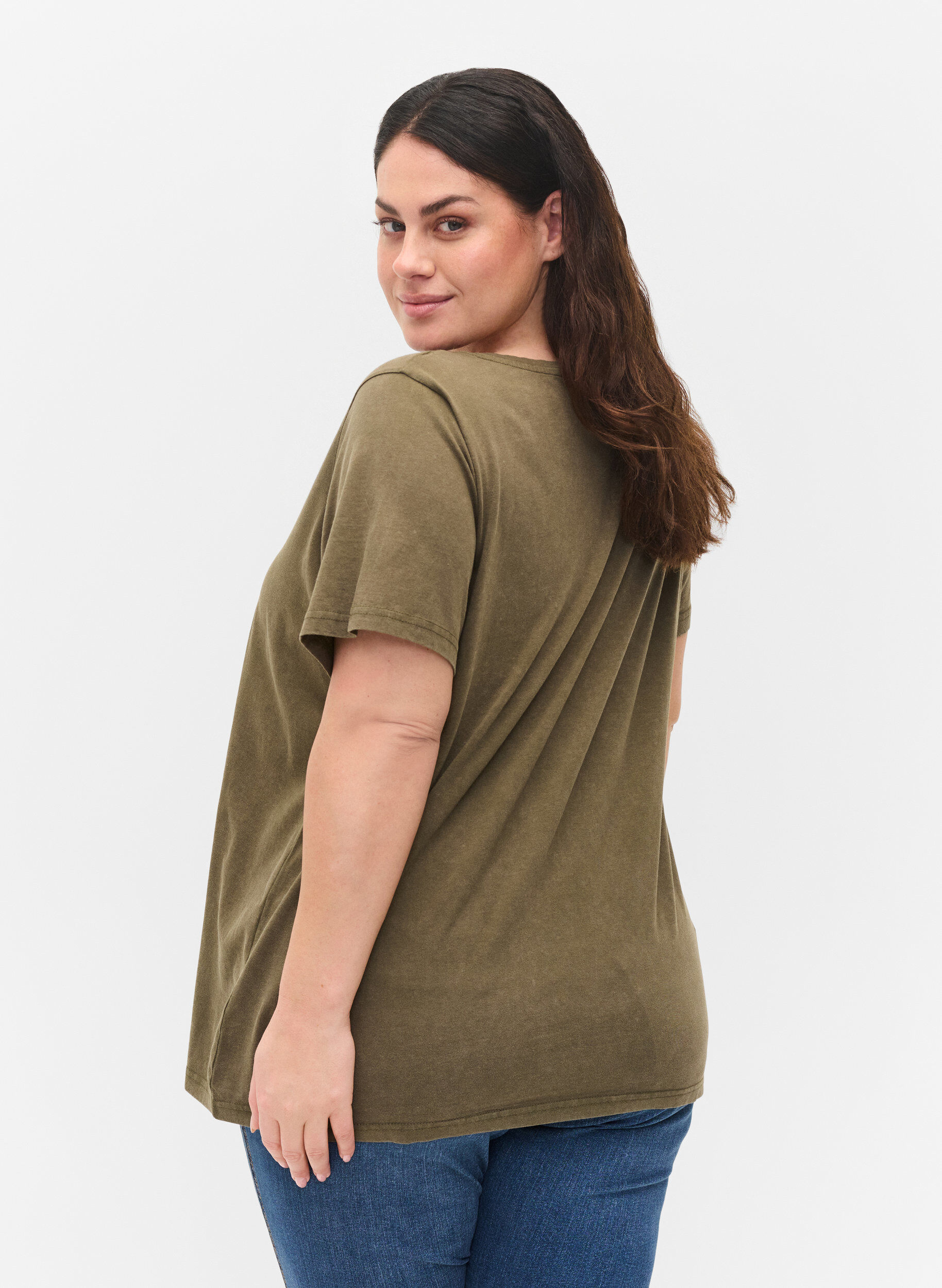 Zizzi Katoenen t-shirt met acid wash en steentjes, Ivy Green Wash, Model image number 1