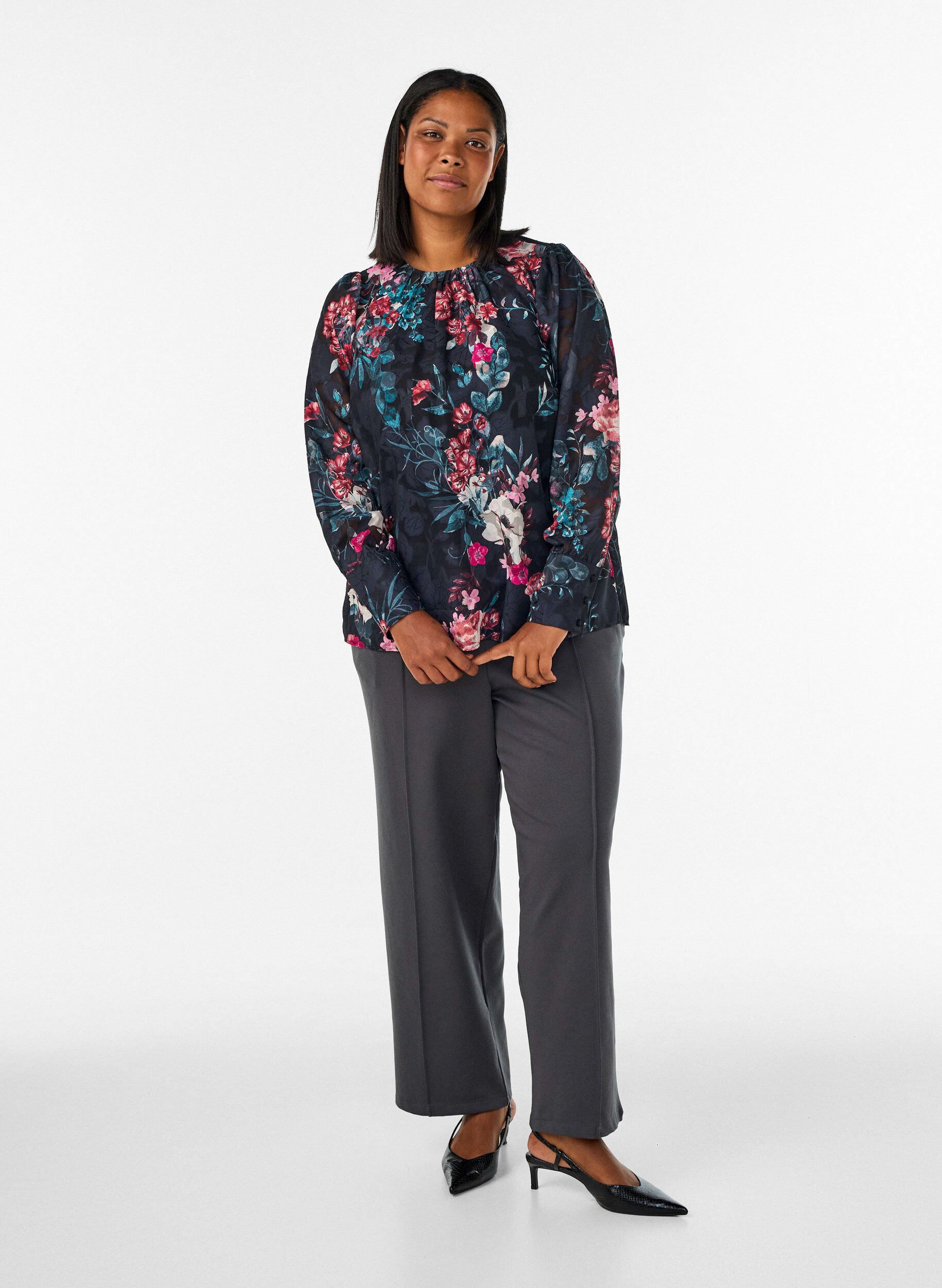 ZizziBlouse met bloemenprint en geweven textuur, Zwart, Model image number 1
