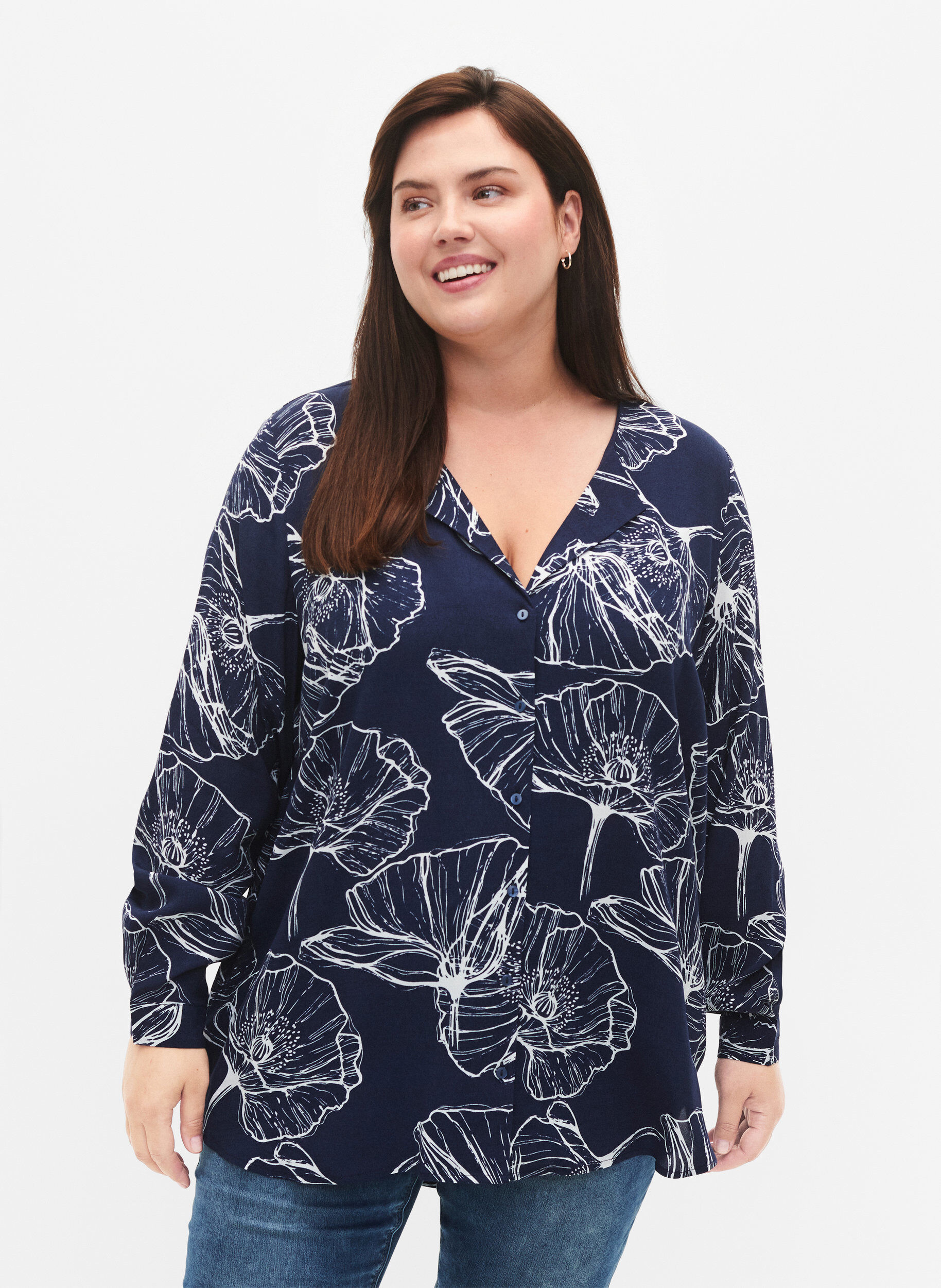 Zizzi Viscose overhemd met bloemenprint en lange mouwen, Navy B./Big Fl.AOP, Model image number 0