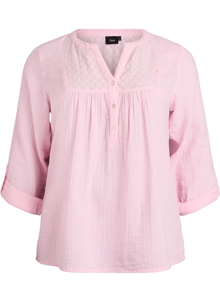 Blouse in katoenen mousseline met broderie anglaise, Roze, Packshot image number 0