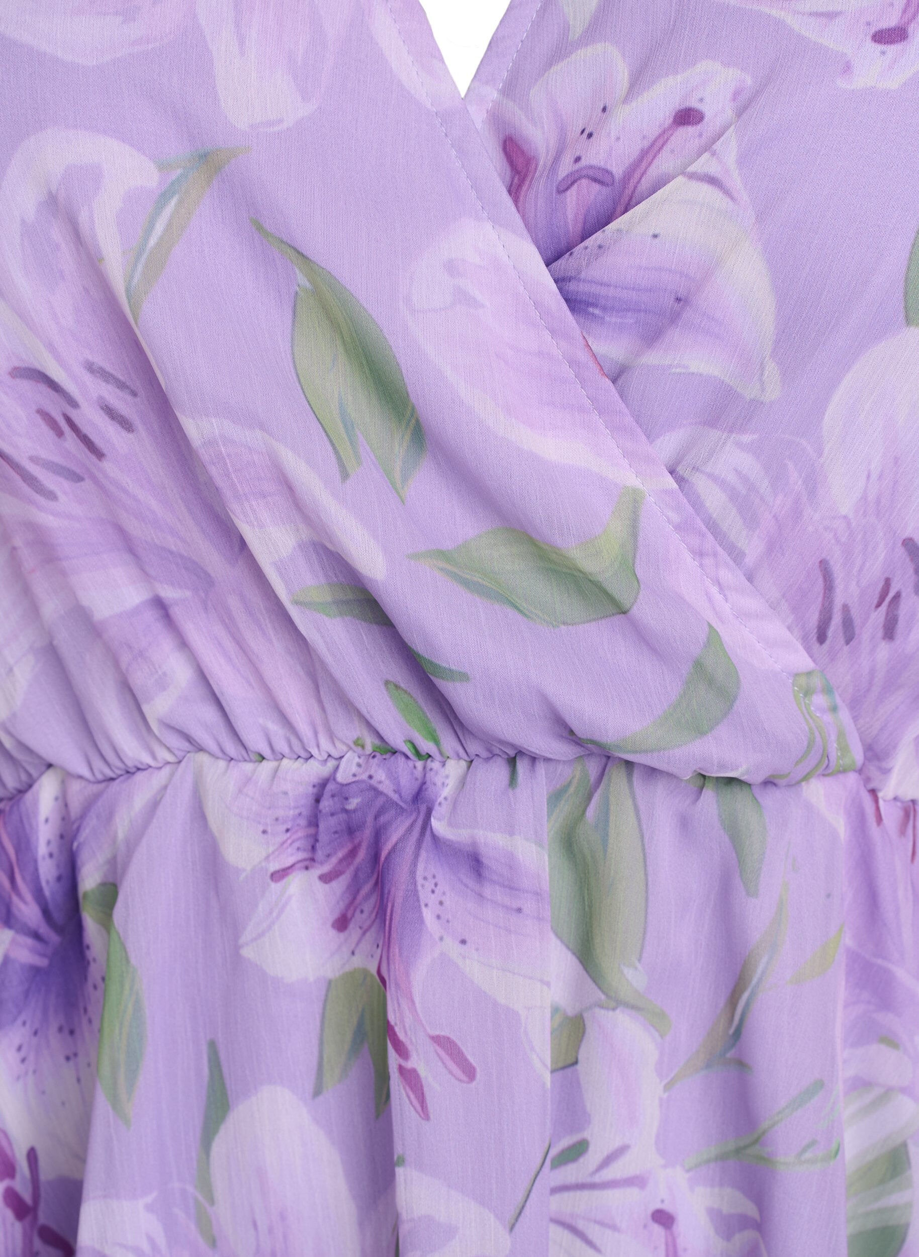 ZizziBloemen chiffon blouse met korte mouwen, Paars, Packshot image number 2