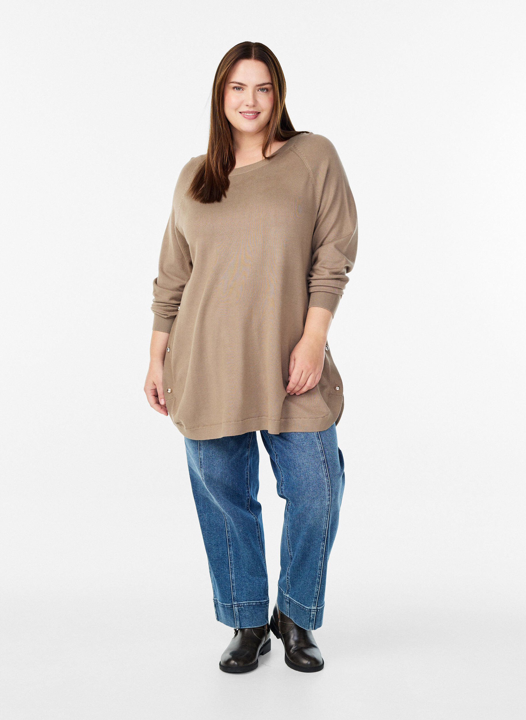 ZizziGebreide blouse met knoopjes aan de zijkant, Beige, Model image number 1