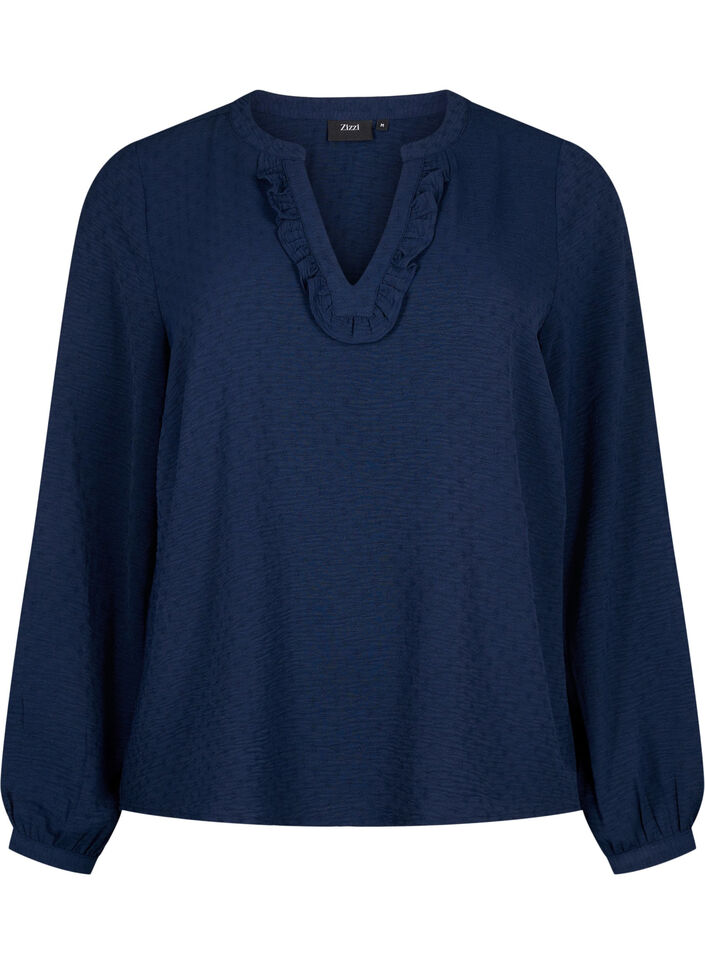Blouse met lange mouwen en structuur, Navy Blazer, Packshot image number 0