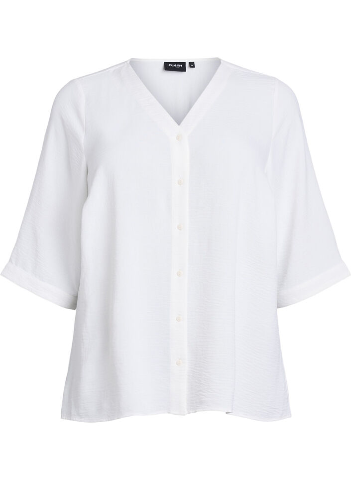 Shirtblouse met V-hals en 3/4 mouwen, Vanille, Packshot image number 0