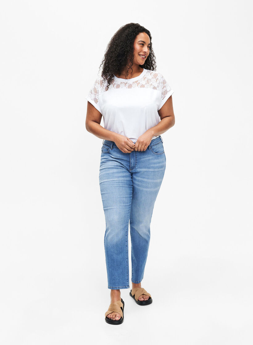 Katoenen T-shirt met korte mouwen en kant, Bright White, Model image number 1