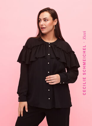 Ruche blouse met parelknopen, Black, Model image number 0