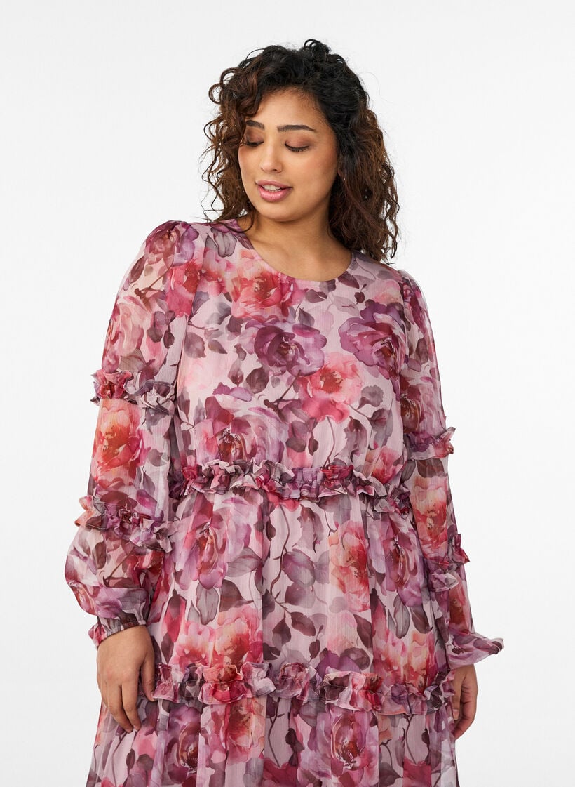 Midi-jurk met bloemenprint met ruches en doorschijnende mouwen, Roze, Model image number 2