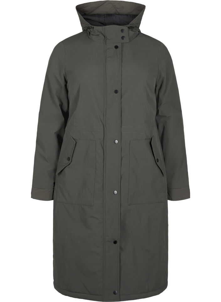 Parka jas met kap en verstelbare taille, Black Olive, Packshot image number 0