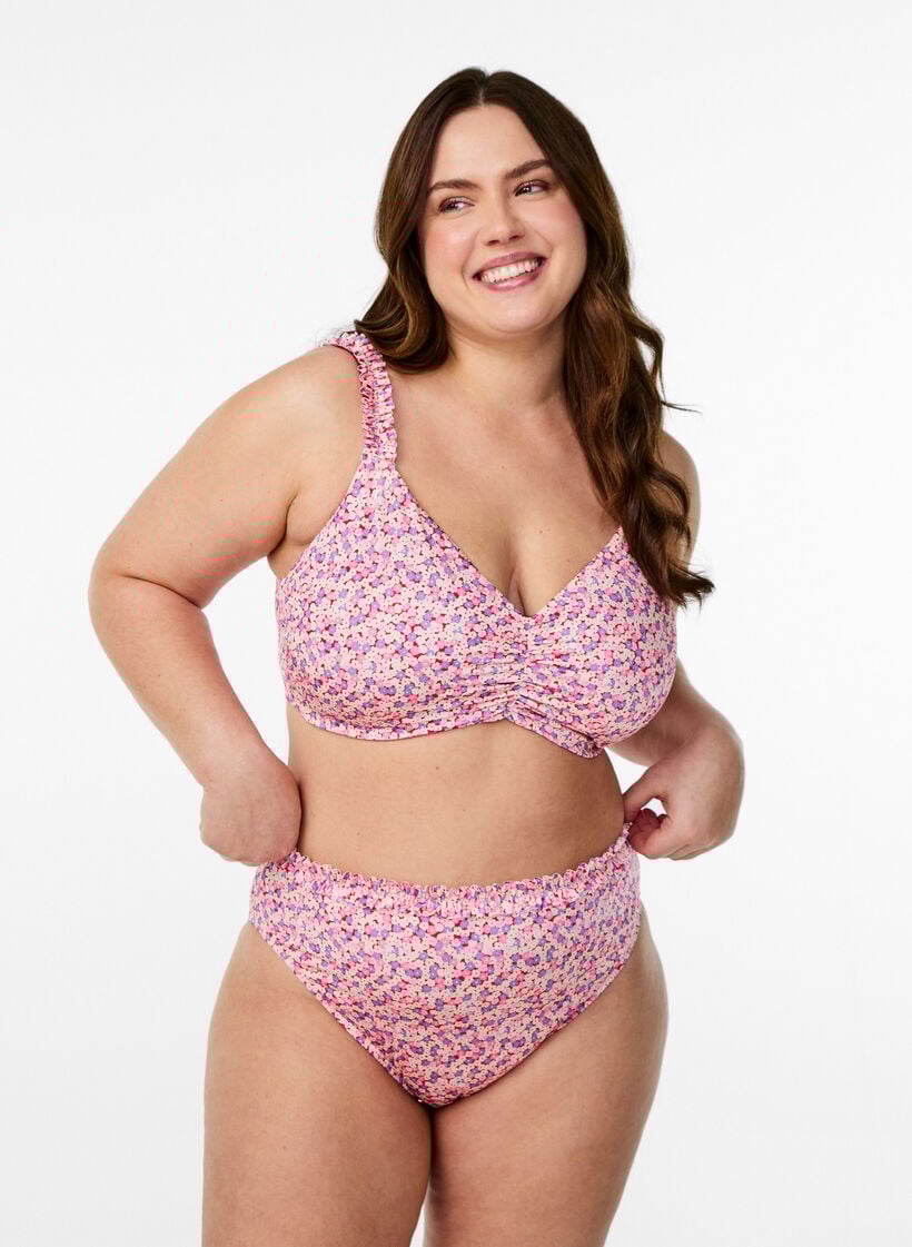 Gestreepte tai bikinibroek met gerimpelde rand, Roze, Model image number 0