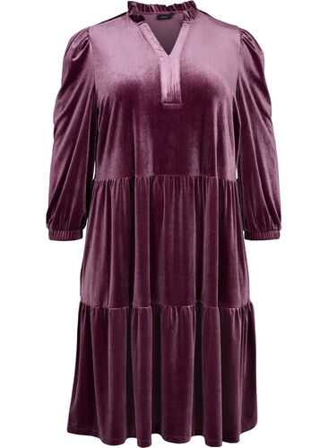 Velours jurk met ruche kraag en 3/4 mouwen, Winetasting, Packshot image number 0