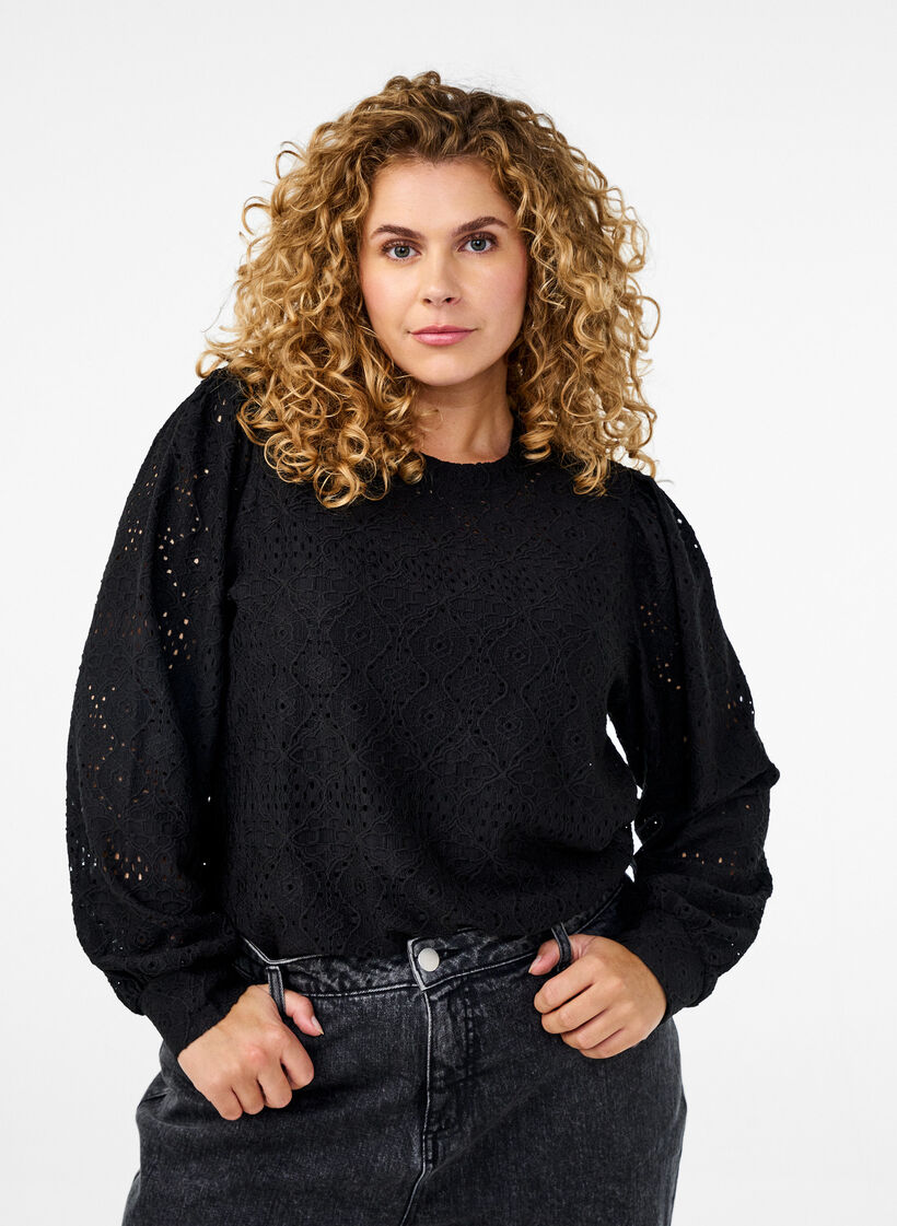 Blouse met lange mouwen en een opengewerkt patroon, Zwart, Model image number 0