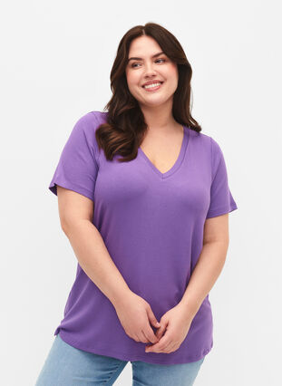 Geribd viscose T-shirt met V-hals, Deep Lavender, Model image number 0