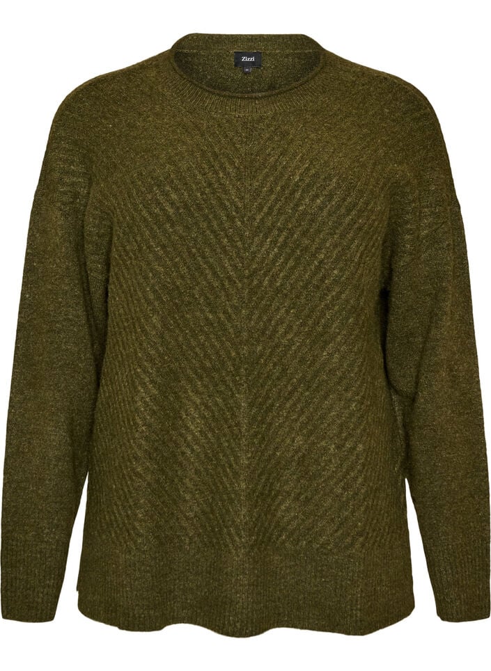 Gebreide blouse met V-vormig geribd patroon en zijsplitjes, Groen, Packshot image number 0