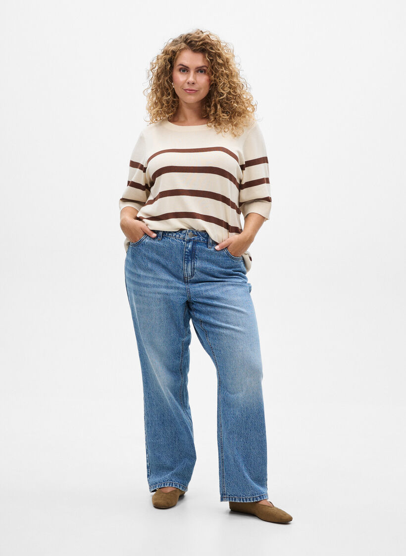 Gestreepte top met korte mouwen in breisel, Beige, Model image number 1