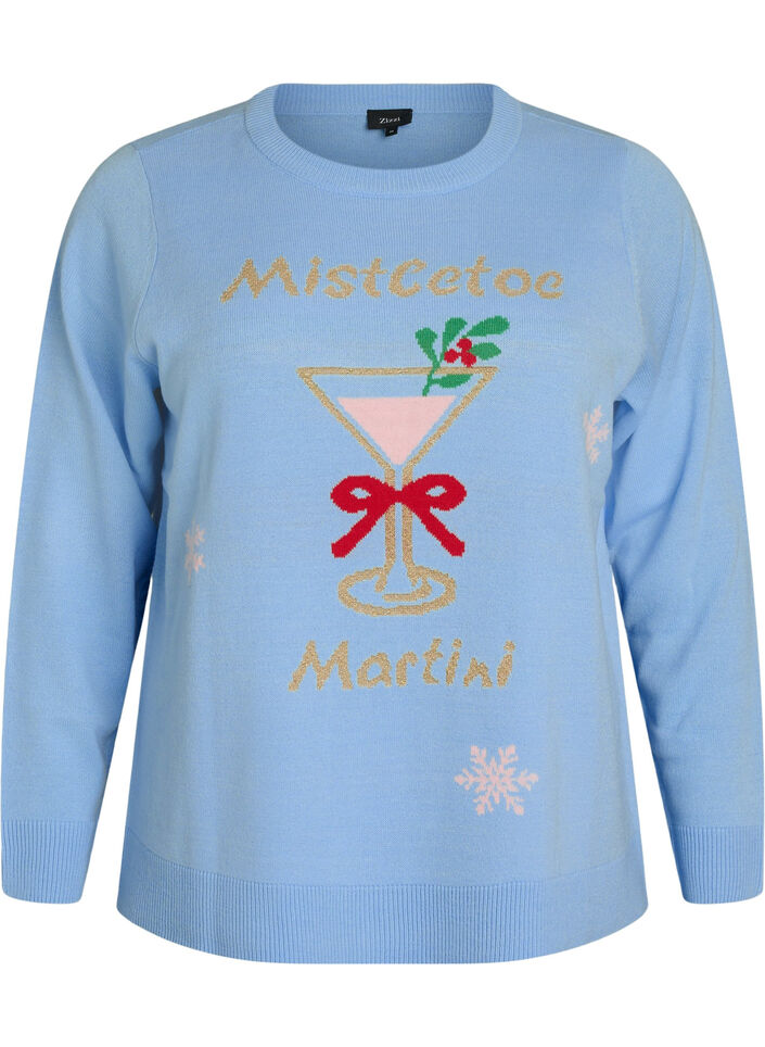 Gebreide blouse met een kerstmotief, Blauw, Packshot image number 0