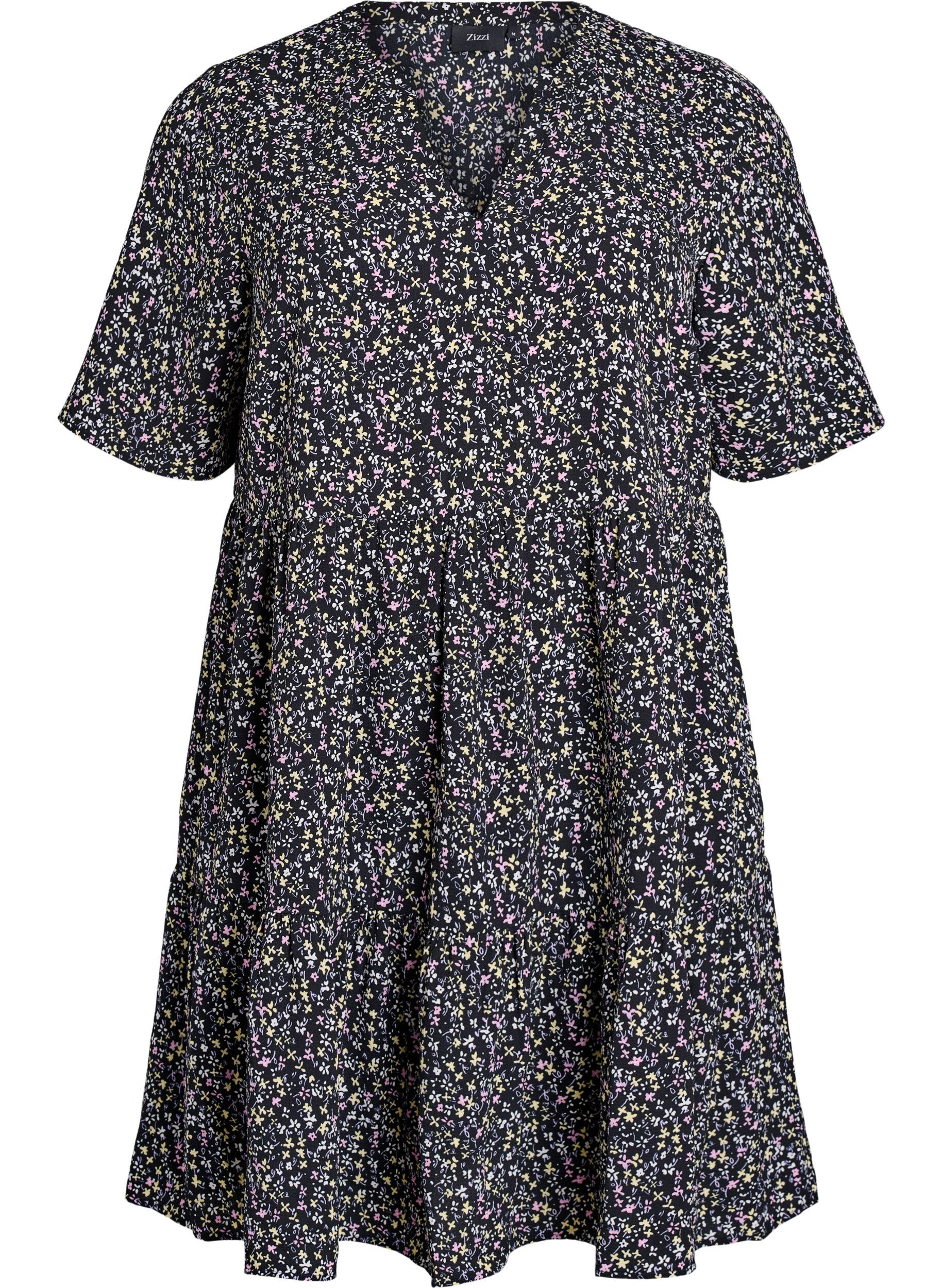 Zizzi Jurk met korte mouwen, A-lijn en snijlijnen, Zwart, Packshot image number 0