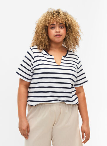 Gestreept katoenen t-shirt met v-hals, Bright White Stripe, Model image number 0