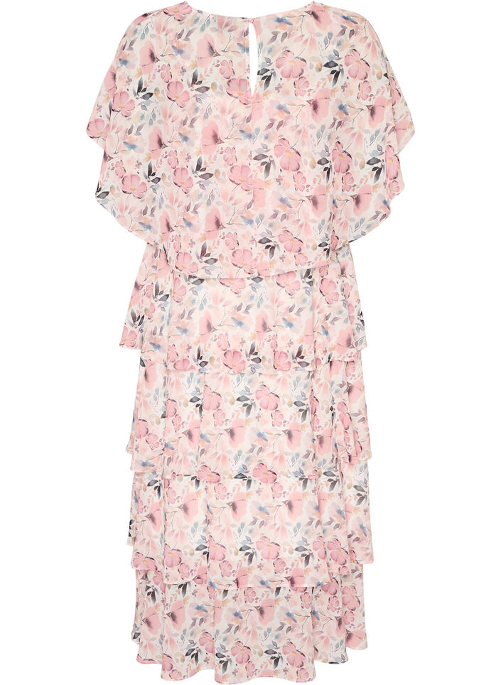 Maxi jurk met ruches en afneembare cape, Wit, Packshot image number 1
