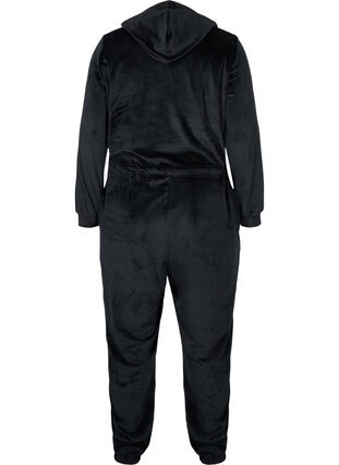 Velours jumpsuit met capuchon en striksluiting, Black, Packshot image number 1