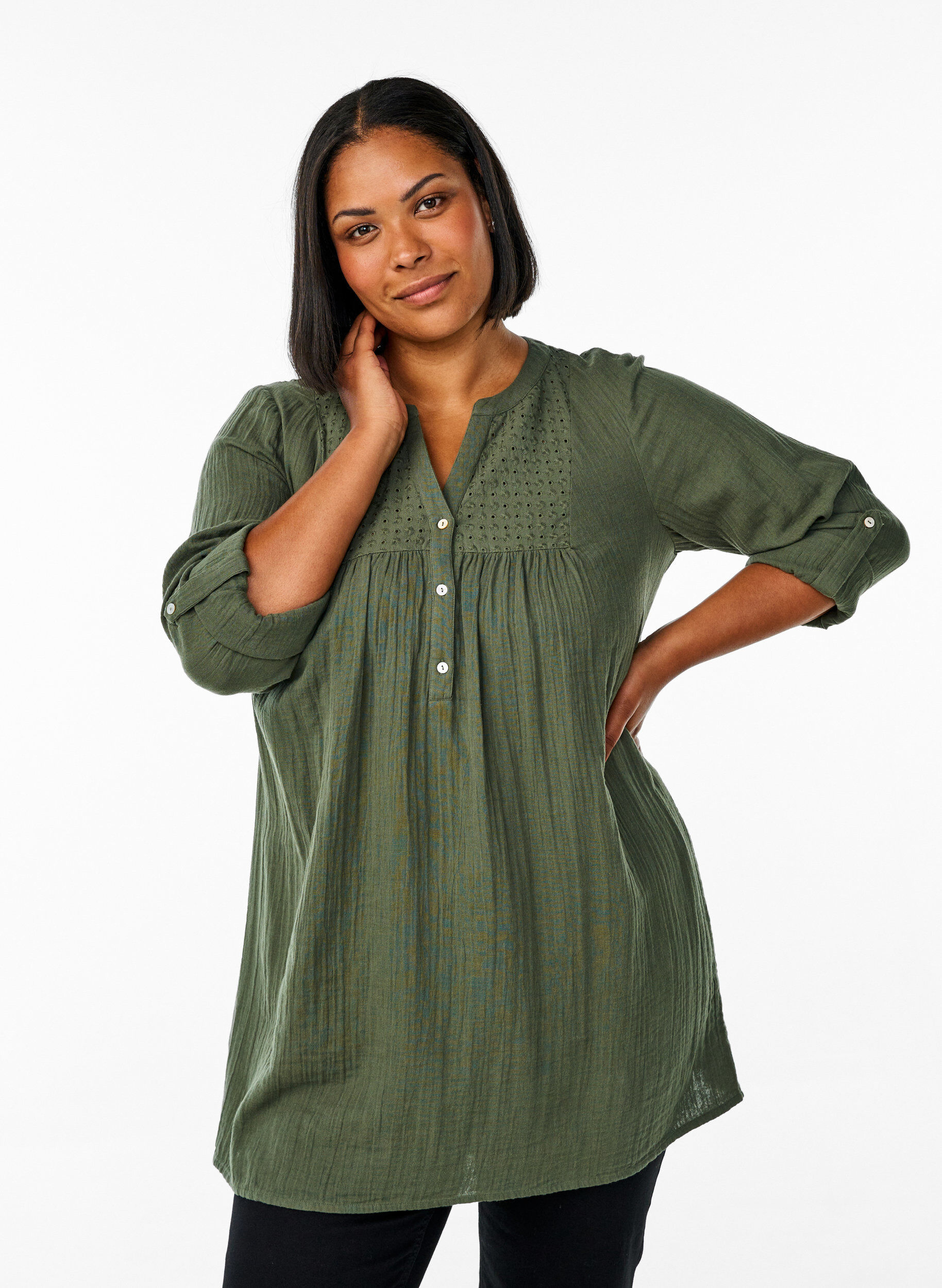 ZizziKatoenen mousseline tuniek met broderie anglaise, Groen, Model image number 0