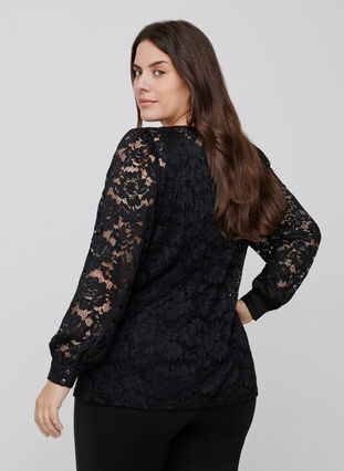 Kanten blouse met lange pofmouwen, Black, Model image number 1