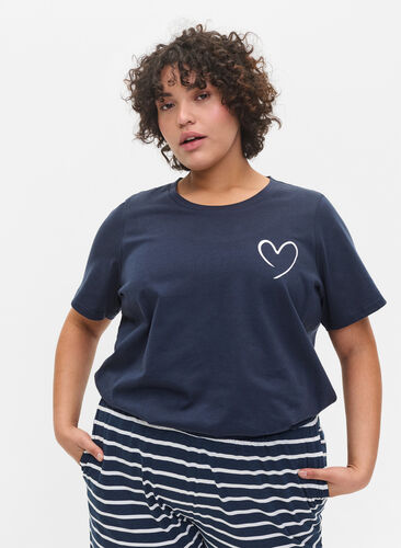 Pyjama T-shirt in katoen met korte mouwen, Navy Blazer w. Heart, Model image number 0