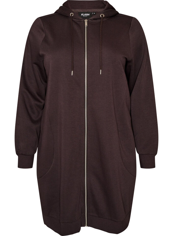 Lange hoodie met ritssluiting en zakken, Bruin, Packshot image number 0