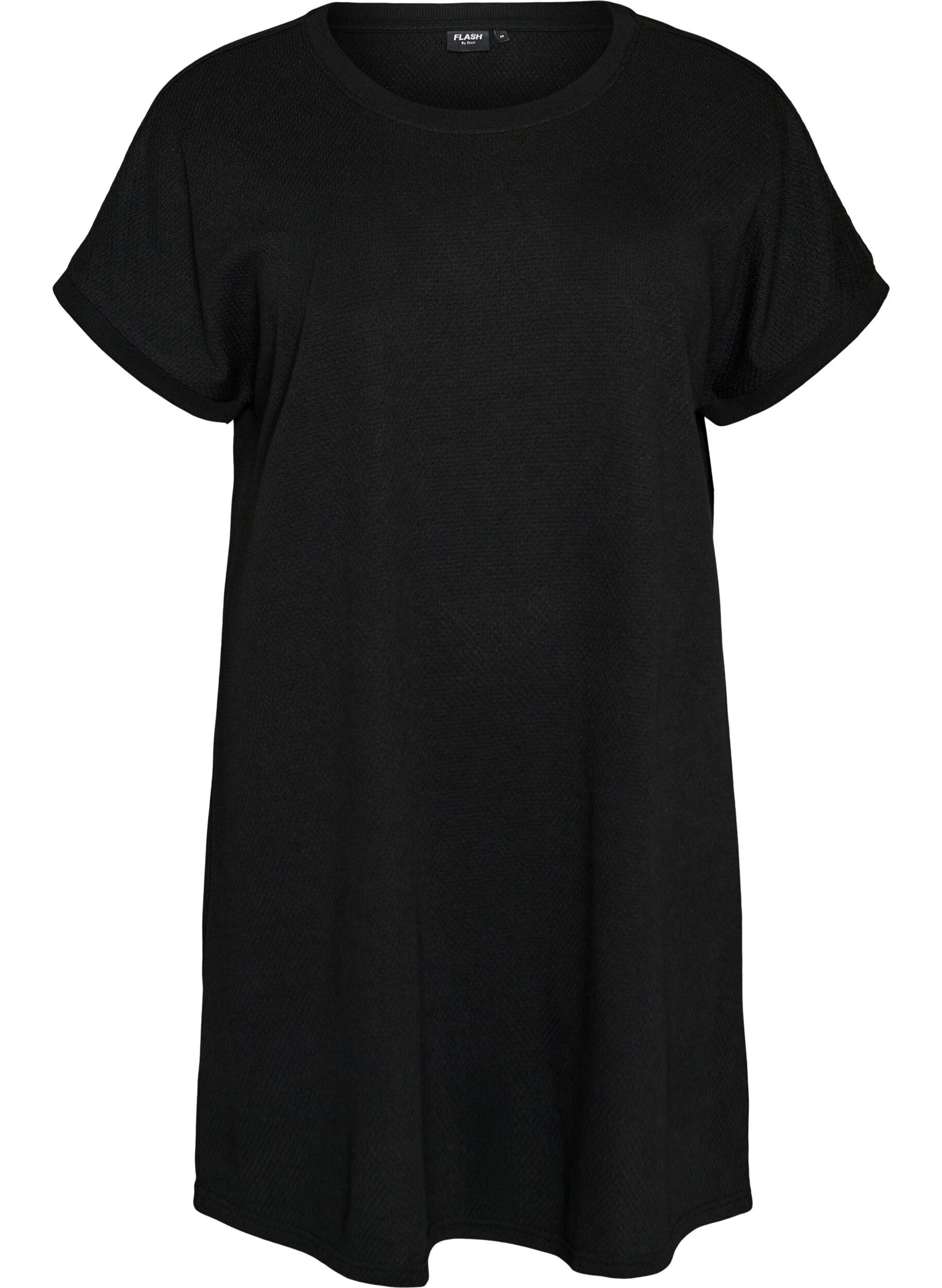 Zizzi Korte jersey jurk met structuur en ronde hals, Zwart, Packshot image number 0