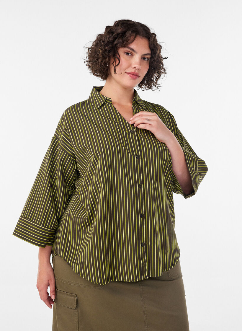 Losse gestreepte shirt met 3/4 mouwen, Groen, Model