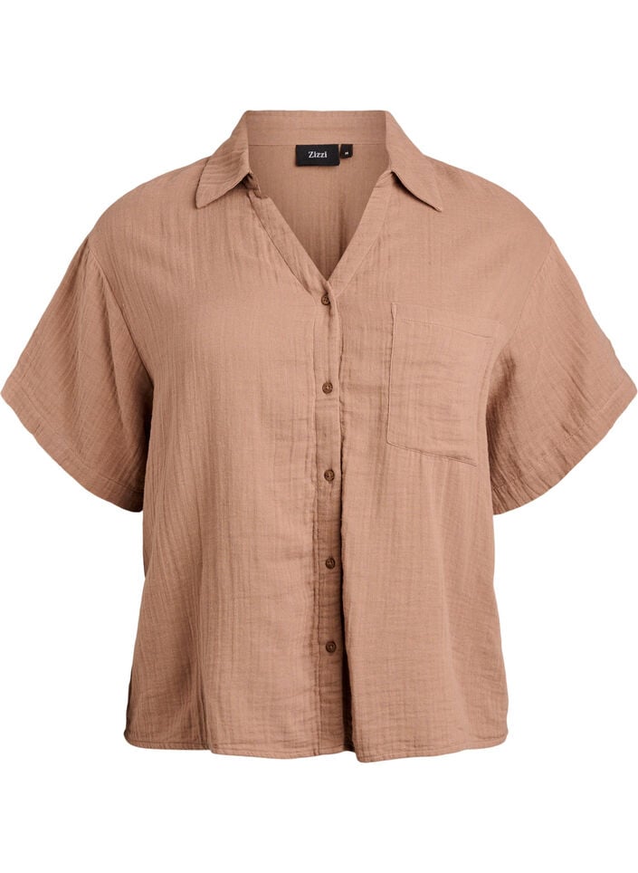 Katoenen mousseline blouse met korte mouwen, Bruin, Packshot
