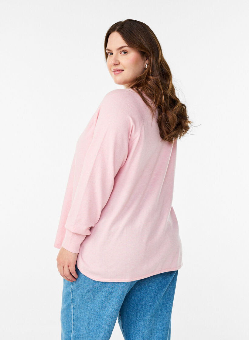 Fijngebreide blouse met V-hals en voorkantdetail, Roze, Model image number 2