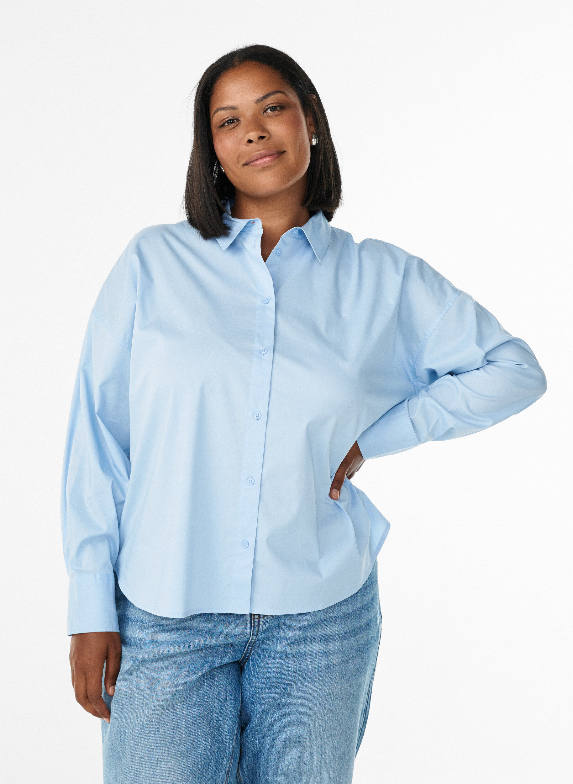 Zizzi Klassiek katoenen shirt met een losse pasvorm, Blauw, Model image number 0