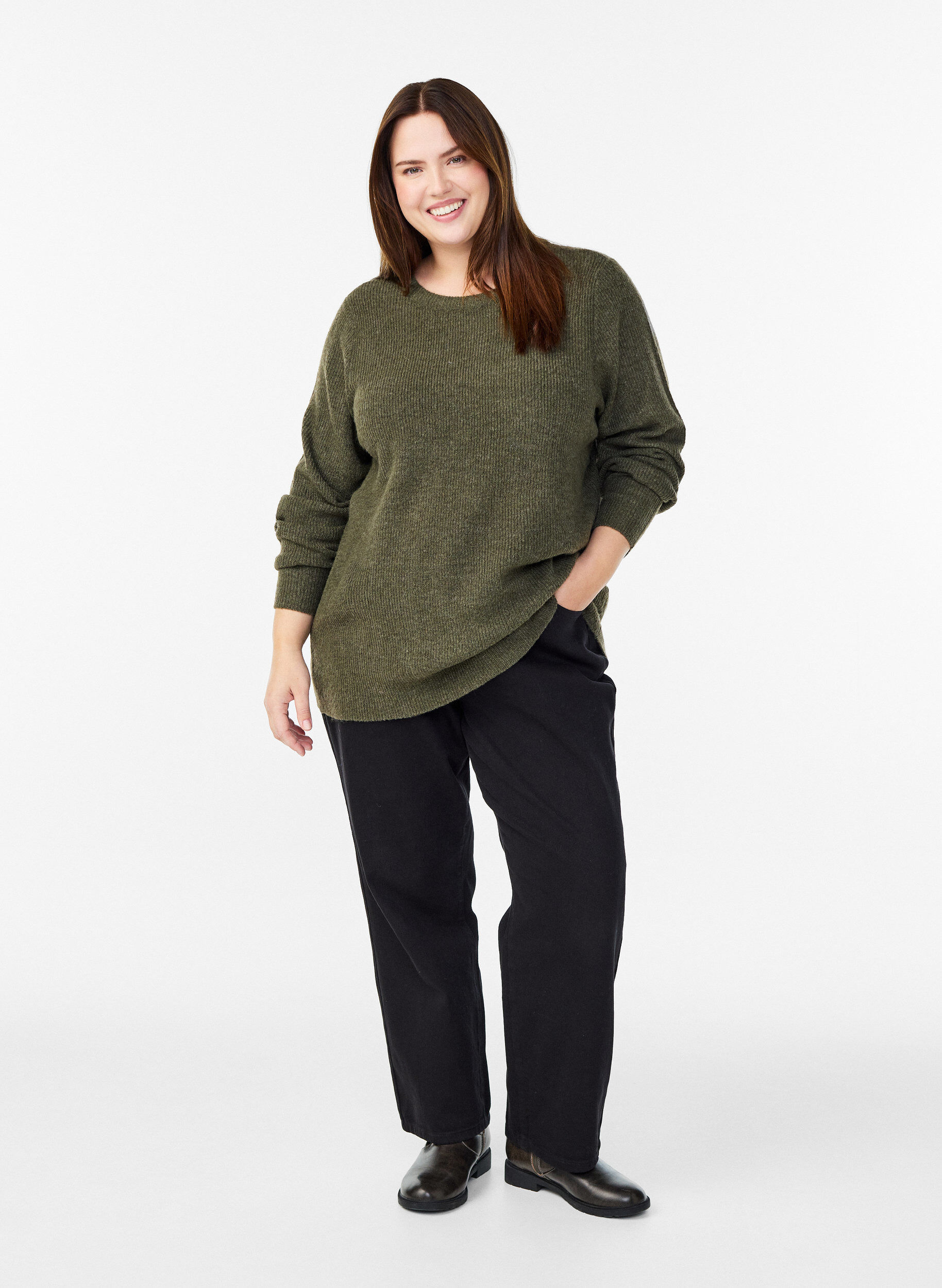 ZizziGem&ecirc;leerde gebreide blouse met ronde hals, Groen, Model image number 1