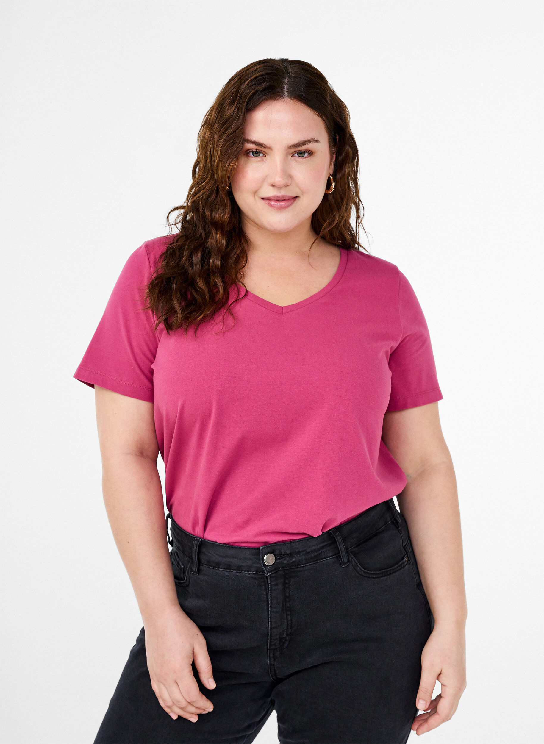 Effen basic T-shirt van katoen, Rood, Model