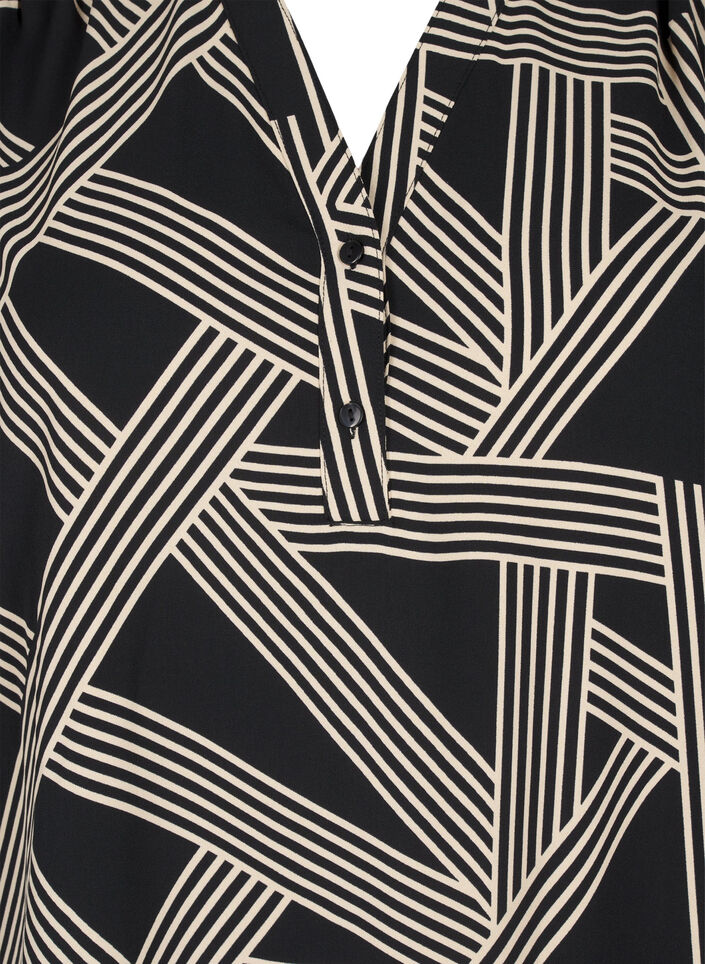 Blouse met lange mouwen en V-hals, BLACK BEIGE GRAPHIC, Packshot image number 2