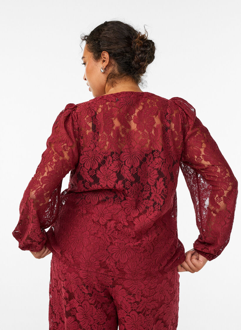 Kanten blouse met open voorkant en strikbandjes, Donker Bordeaux, Model image number 2