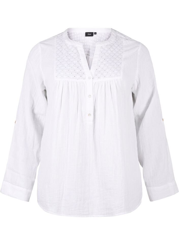 Katoenen blouse met broderie anglaise en 3/4 mouwen, Bright White, Packshot image number 0