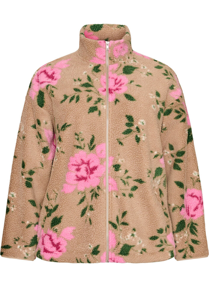 Floral fleecejack met een hoogsluitende kraag en ritssluiting, Beige, Packshot image number 0