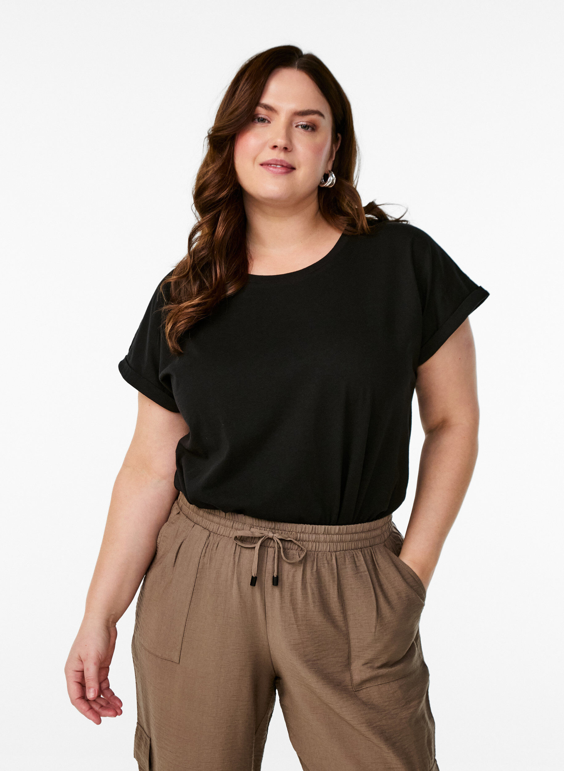 Zizzi T-shirt met korte mouwen van katoenmix, Zwart, Model image number 0