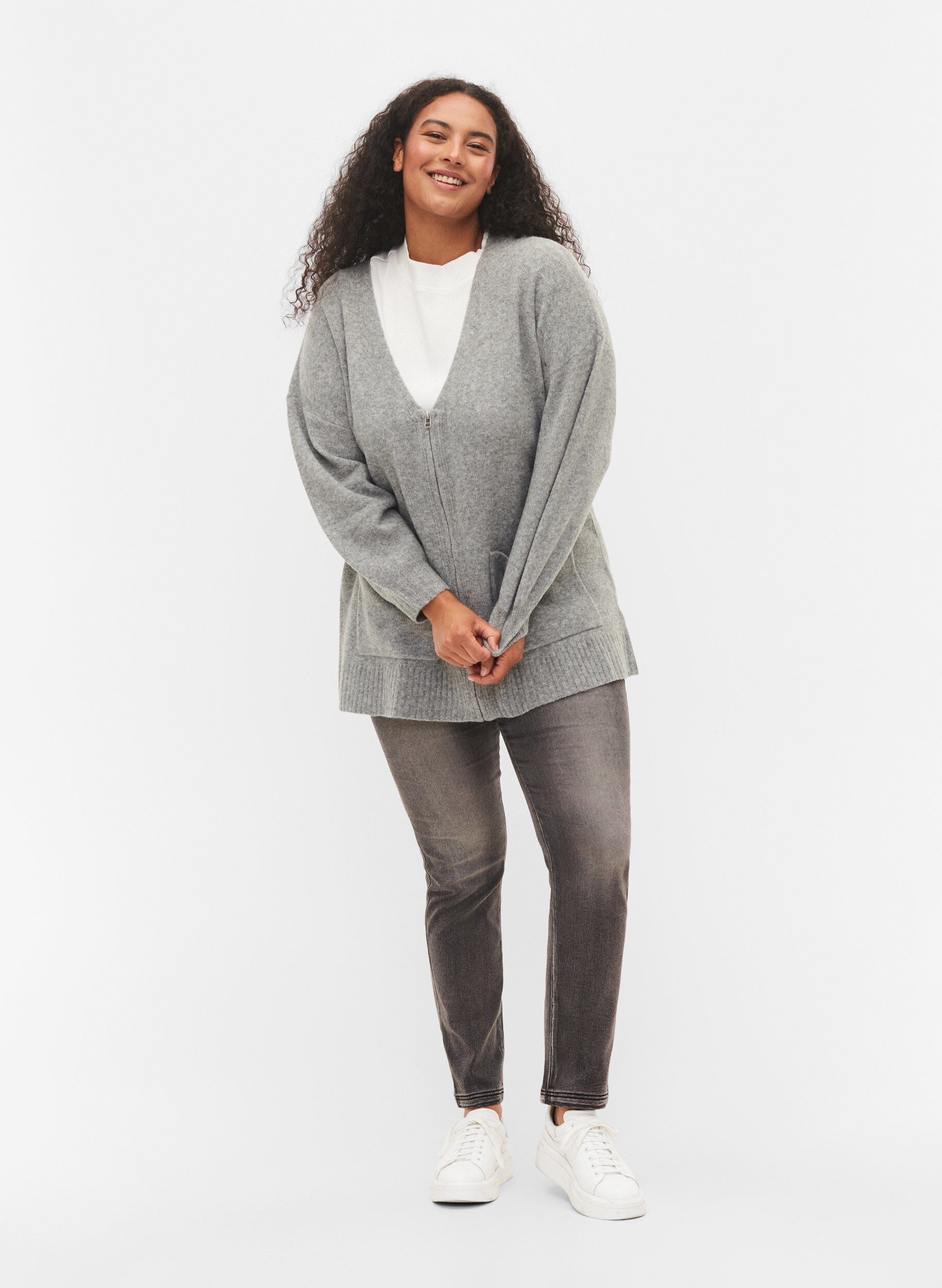 Zizzi Lang gebreid vest met rits en zakken, Medium Grey Melange, Model image number 2