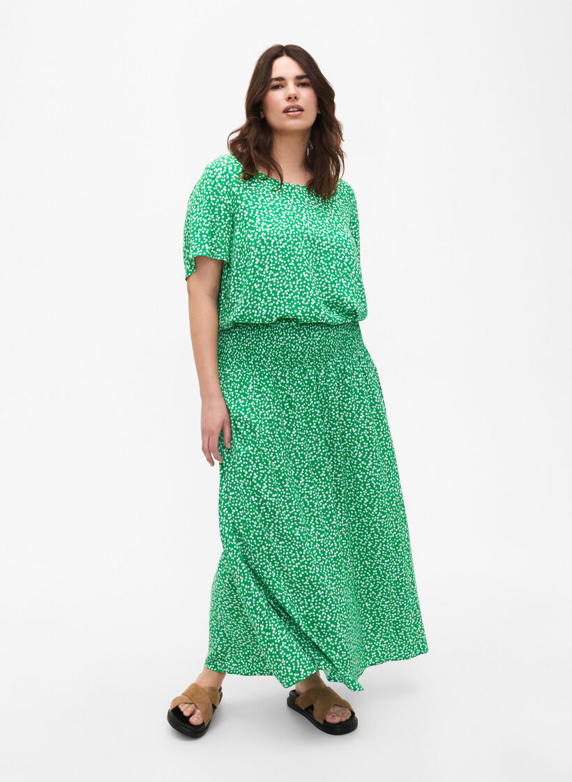 FLASH - Maxi rok in viscose met smokwerk, Groen, Model image number 1