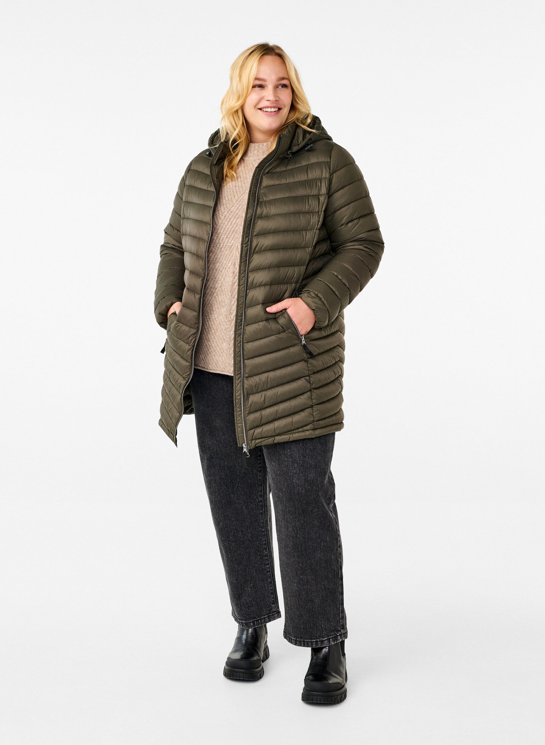 Zizzi Lichtgewicht jas met zakken en afneembare capuchon, Groen, Model image number 1