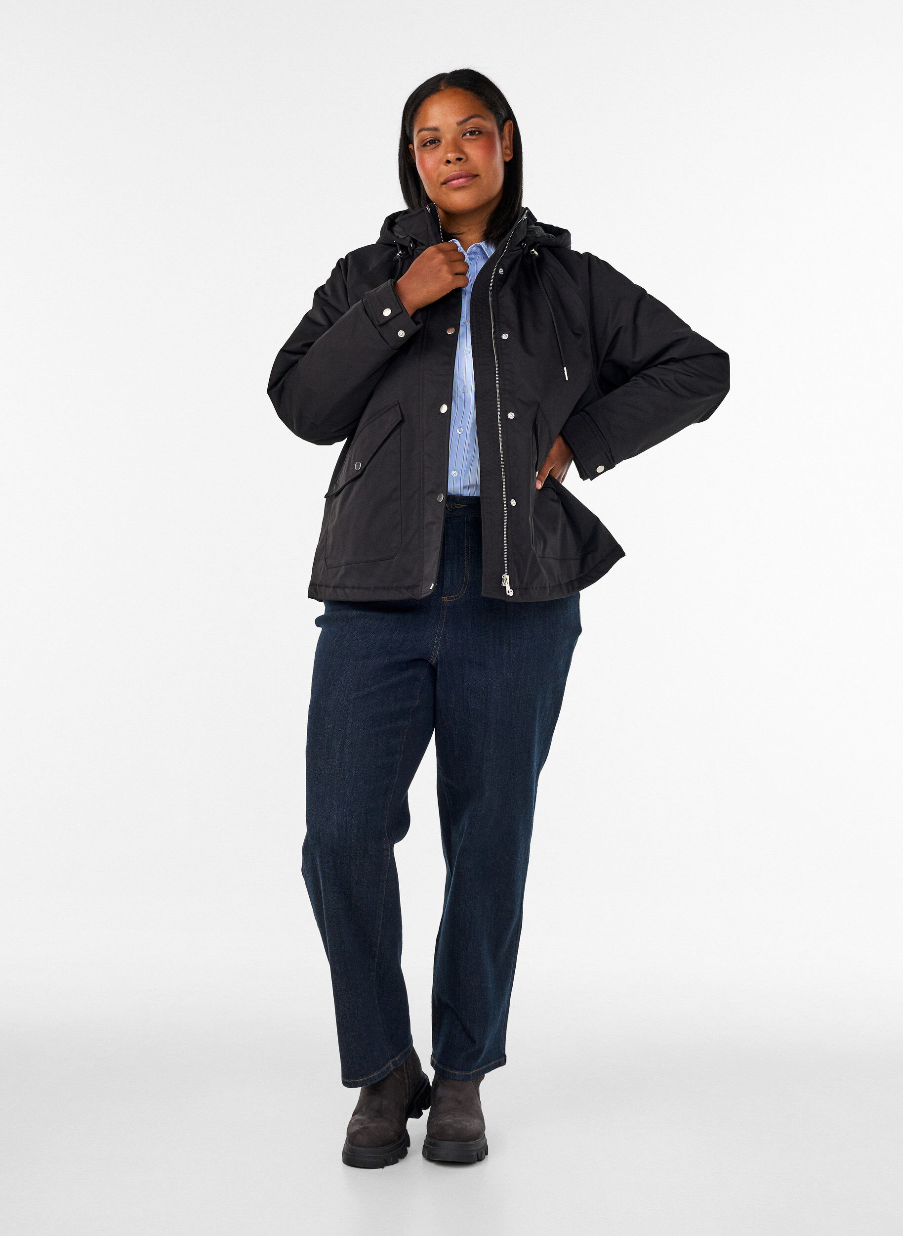 ZizziGewatteerde parka met afneembare capuchon, Zwart, Model image number 1