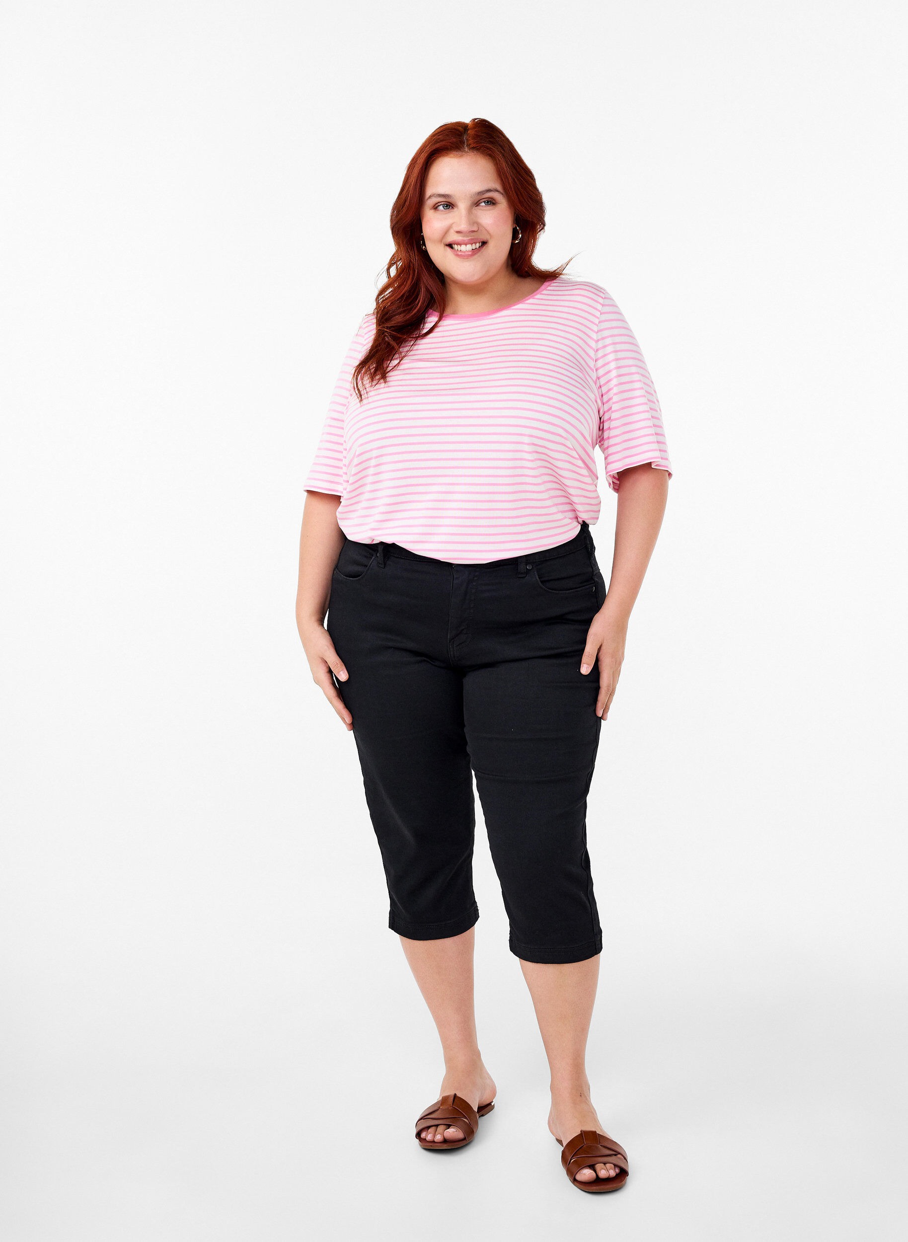 Zizzi Gestreept T-shirt van lyocell met ronde hals, Rood, Model image number 1