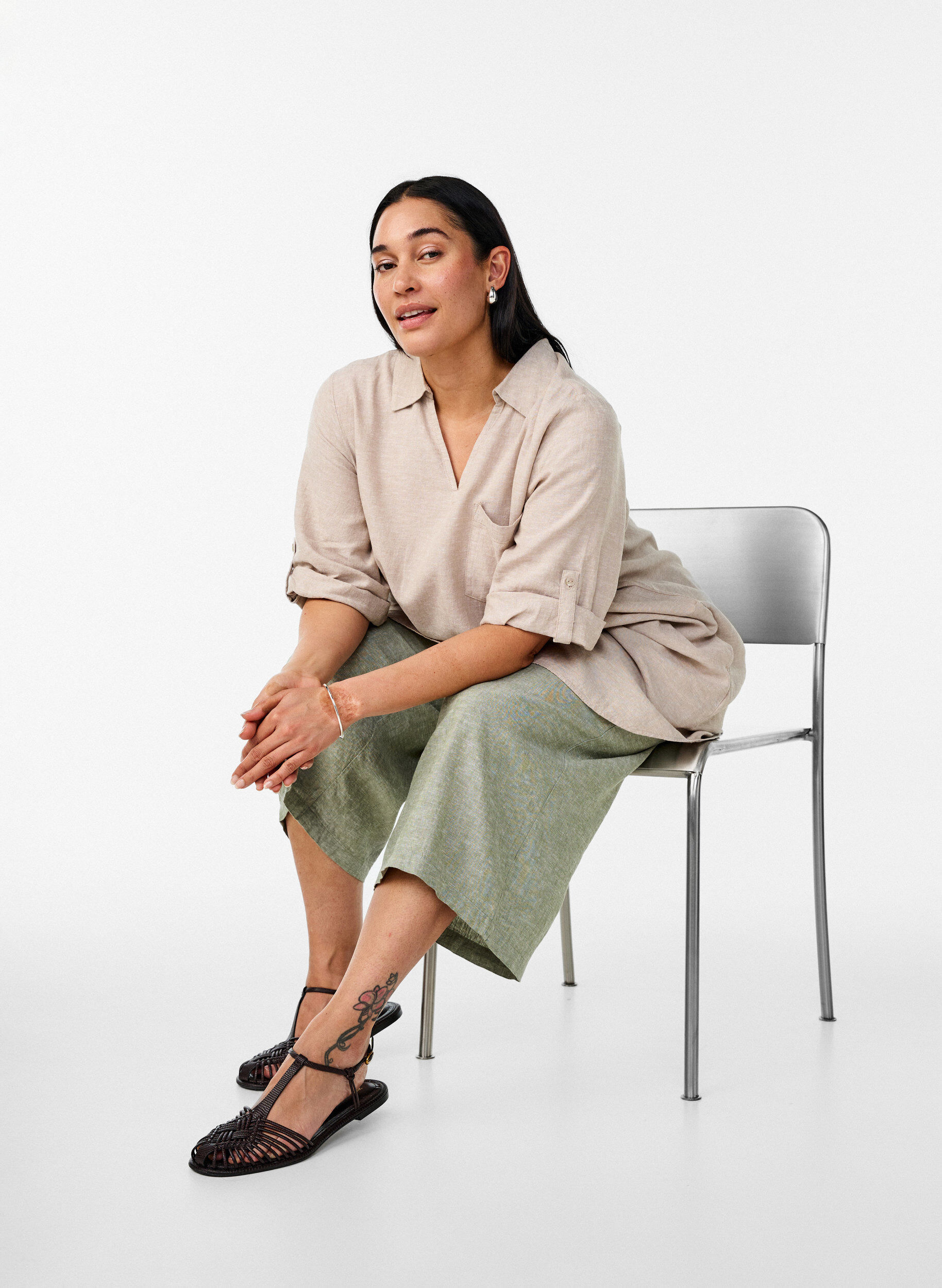 Zizzi Tuniek van linnen en viscose met A-vorm, Beige, Image image number 0