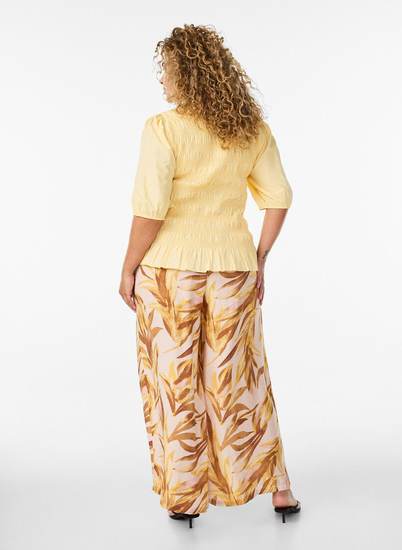 Wijde broek met bladprint en hoge elastische taille, Geel, Model image number 1